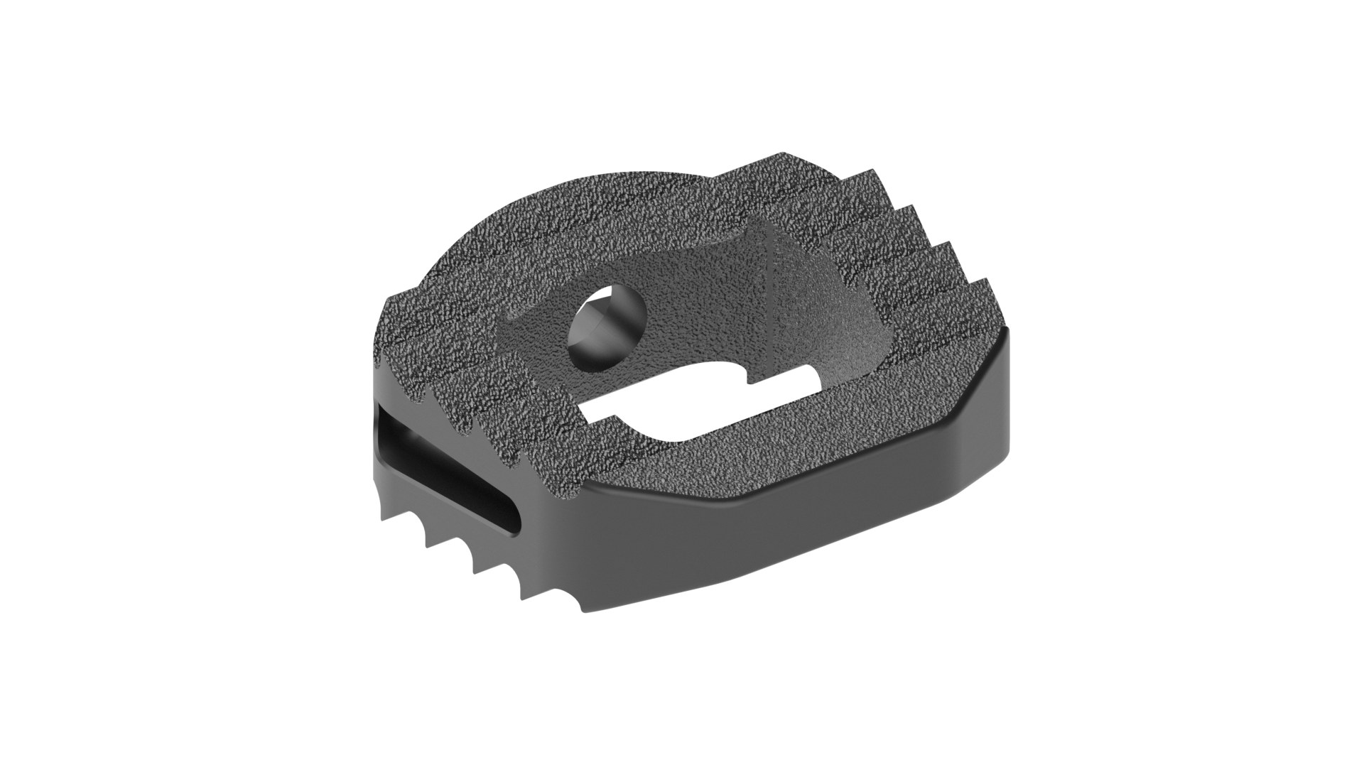 Iso View - Machined Titanium Cervical IBFD Cage machined titanium Cervical ibfd implant with aggressive teeth and a large central opening for graft material.