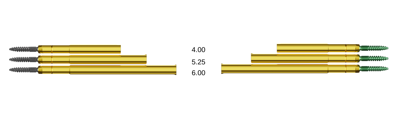 Pedicle Screws MIS Sizing Chart for Towers 4.00, 5.25, and 6.00mm towers for surfaced and non surfaced pedicle mis screws.