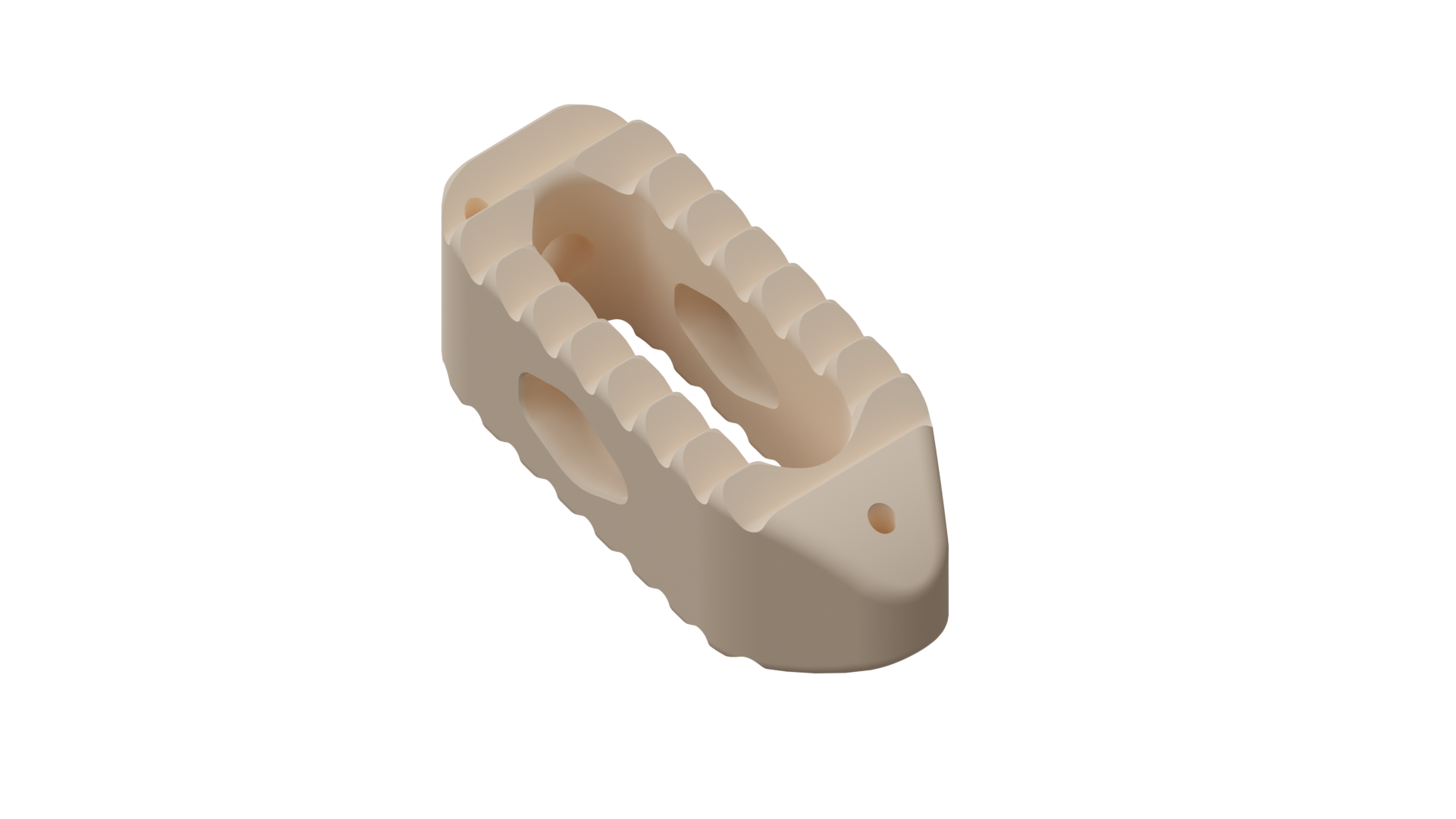Peek Optima Manufactured Posterior Lumbar Interbody Fusion Implant Peek version of the PLIF implant. Machined Titanium and 3d printed titanium is also available. Aggressive teeth to decrease risk of migration highlighted in this picture.