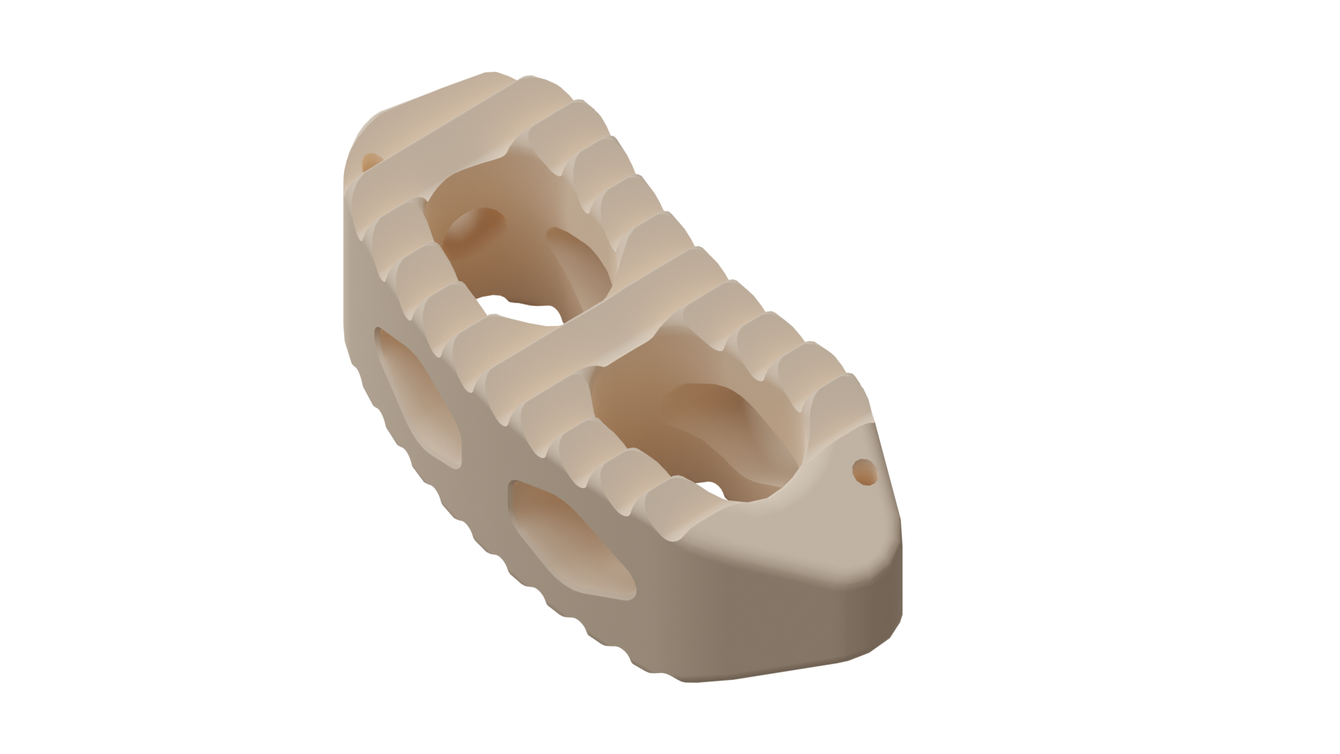 TLIF Implant Angled view, Bullet Nose Pictured Tranforaminal Lumbar Interbody Fusion Cage made out of peek optima. Has a slight curve in the middle of the implant and aggressive teeth to resist migration.